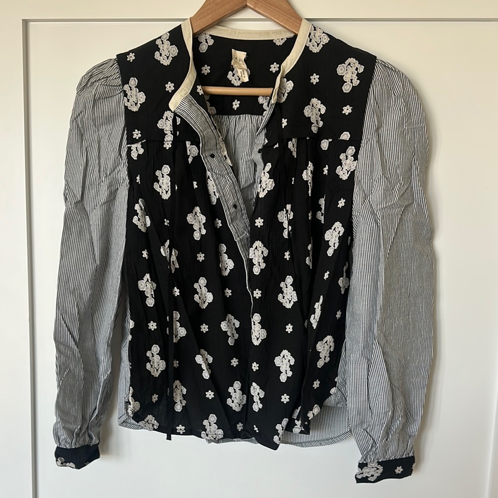 Rebecca Taylor Gray and Black Ruffled Buttoned Blouse with Mandarin Collar
